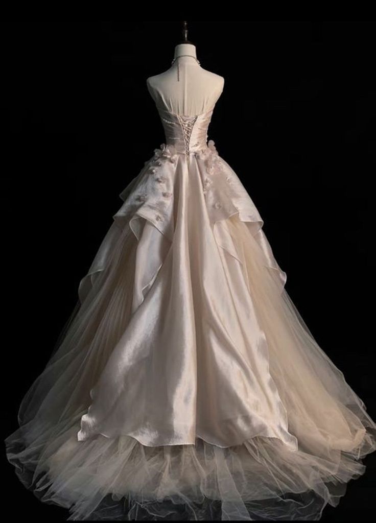 Pink A-line Tulle Satin Long Prom Dresses Strapless Applique Wedding Dresses HZ1024