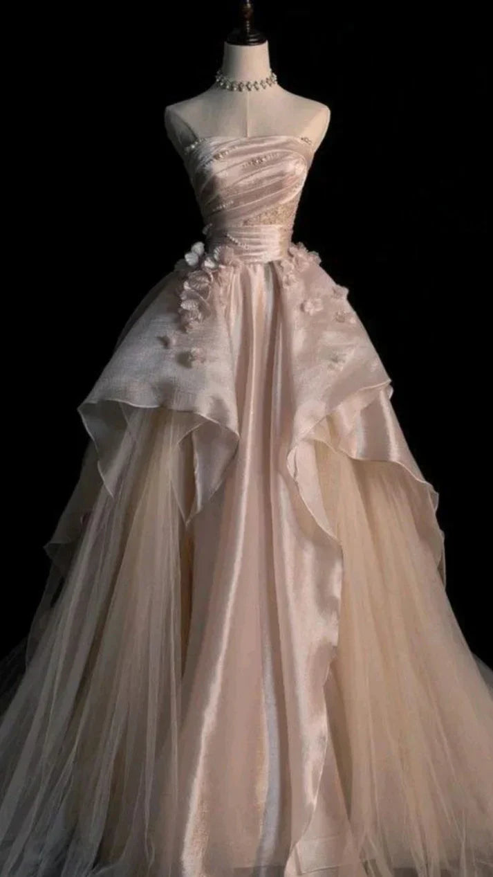 Pink A-line Tulle Satin Long Prom Dresses Strapless Applique Wedding Dresses HZ1024
