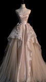 Pink A-line Tulle Satin Long Prom Dresses Strapless Applique Wedding Dresses HZ1024