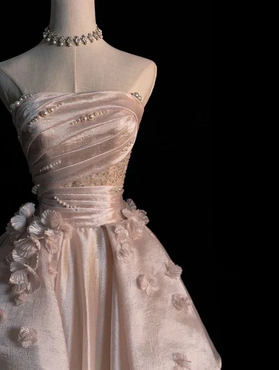 Pink A-line Tulle Satin Long Prom Dresses Strapless Applique Wedding Dresses HZ1024