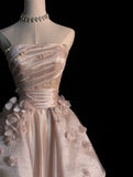 Pink A-line Tulle Satin Long Prom Dresses Strapless Applique Wedding Dresses HZ1024