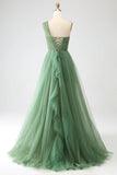 Green A-Line One-Shoulder sequins Tulle Long Prom Dress HZ1024