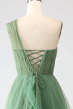 Green A-Line One-Shoulder sequins Tulle Long Prom Dress HZ1024