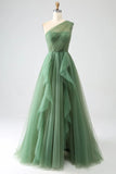 Green A-Line One-Shoulder sequins Tulle Long Prom Dress HZ1024