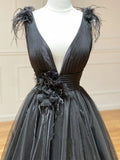 Line Black V Neck Tulle Long Prom Dress HZ1024