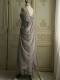 Spaghetti Straps Transparent Beads Sweetheart Neck Grey Long Prom Dress HZ1024