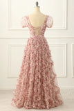 A-line Tulle Pleated Floral Long Prom Dress Adult Ceremony Graduation Prom Dress HZ1024