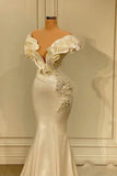 White Mermaid V-neck Satin Pearl Ruffle Long Prom Dress Elegant Evening Dress HZ1024