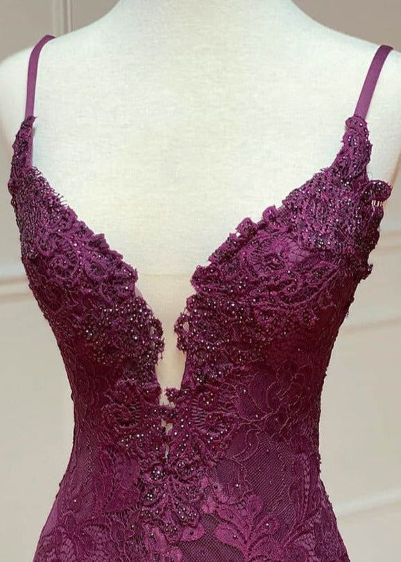 Mermaid Formal Dresses Under $170?? Charming Grape Spaghetti Straps Applique Long Backless Prom Dress With Slit HZ1024