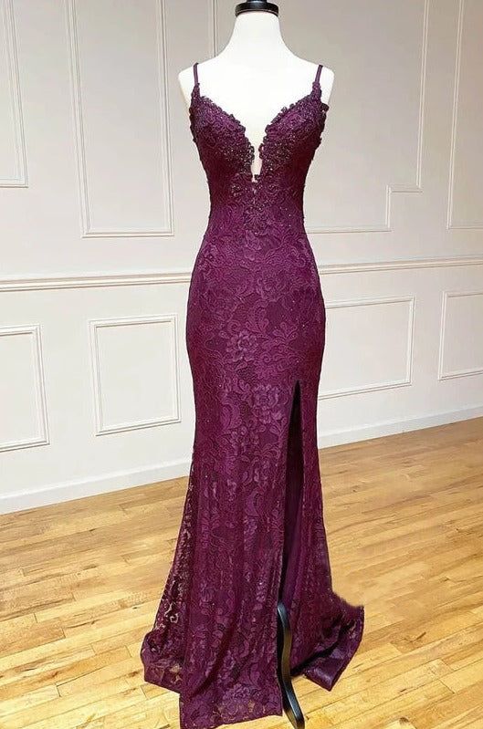 Mermaid Formal Dresses Under $170?? Charming Grape Spaghetti Straps Applique Long Backless Prom Dress With Slit HZ1024