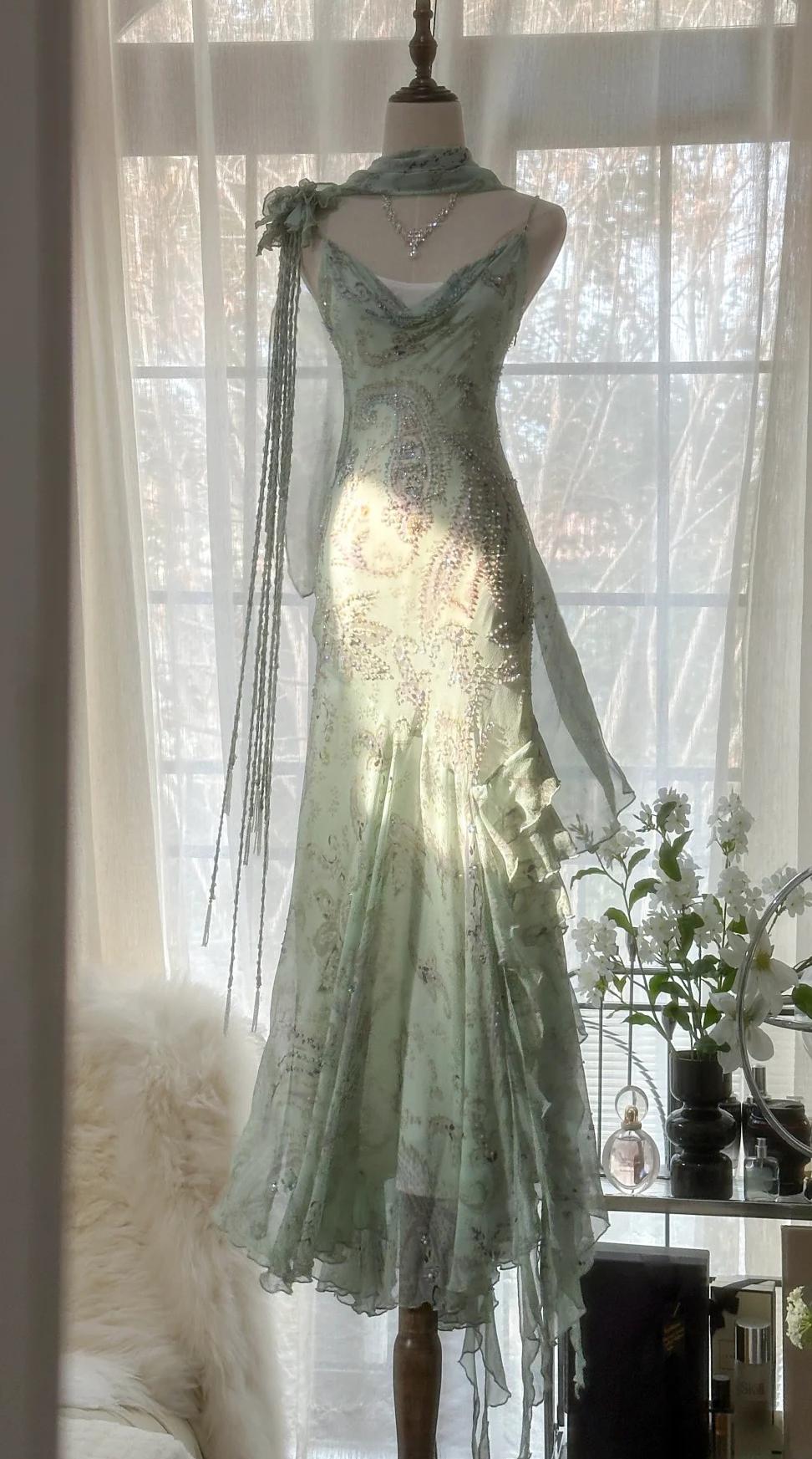 Fairytale Pink Spaghetti Straps Mermaid Evening Gowns Vintage Elegant Beaded Silk Long Prom Dress Guest Dresses HZ1024