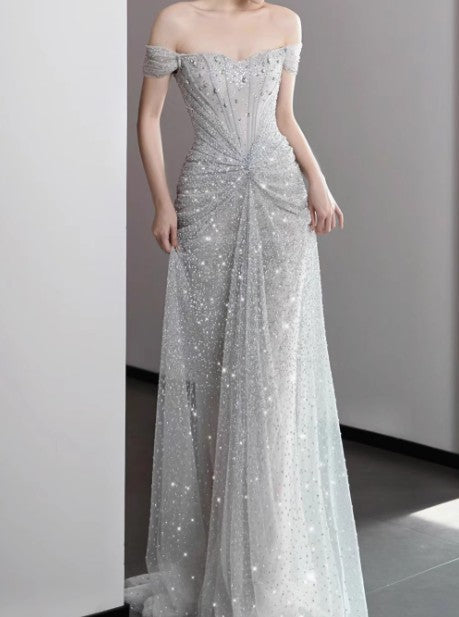 Gown?? Off The Shoulder Tulle Sequins Long Prom Dress for Formal Events &Quinceanera HZ1024