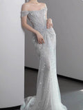 Gown?? Off The Shoulder Tulle Sequins Long Prom Dress for Formal Events &Quinceanera HZ1024