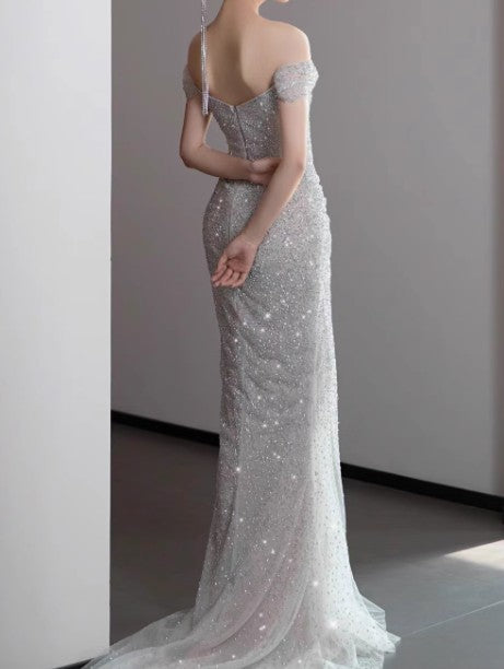 Gown?? Off The Shoulder Tulle Sequins Long Prom Dress for Formal Events &Quinceanera HZ1024