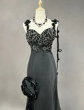 Black Mermaid Satin Beaded Sequin Long Prom Dress, Sweetheart Neck Evening Dress HZ1024