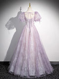 Lilac A-Line Sweetheart Tulle Beaded Long Prom Dress Puffy Sleeves Graduation Dress HZ1024