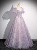 Lilac A-Line Sweetheart Tulle Beaded Long Prom Dress Puffy Sleeves Graduation Dress HZ1024