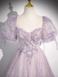 Lilac A-Line Sweetheart Tulle Beaded Long Prom Dress Puffy Sleeves Graduation Dress HZ1024