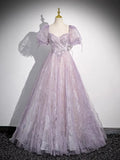 Lilac A-Line Sweetheart Tulle Beaded Long Prom Dress Puffy Sleeves Graduation Dress HZ1024