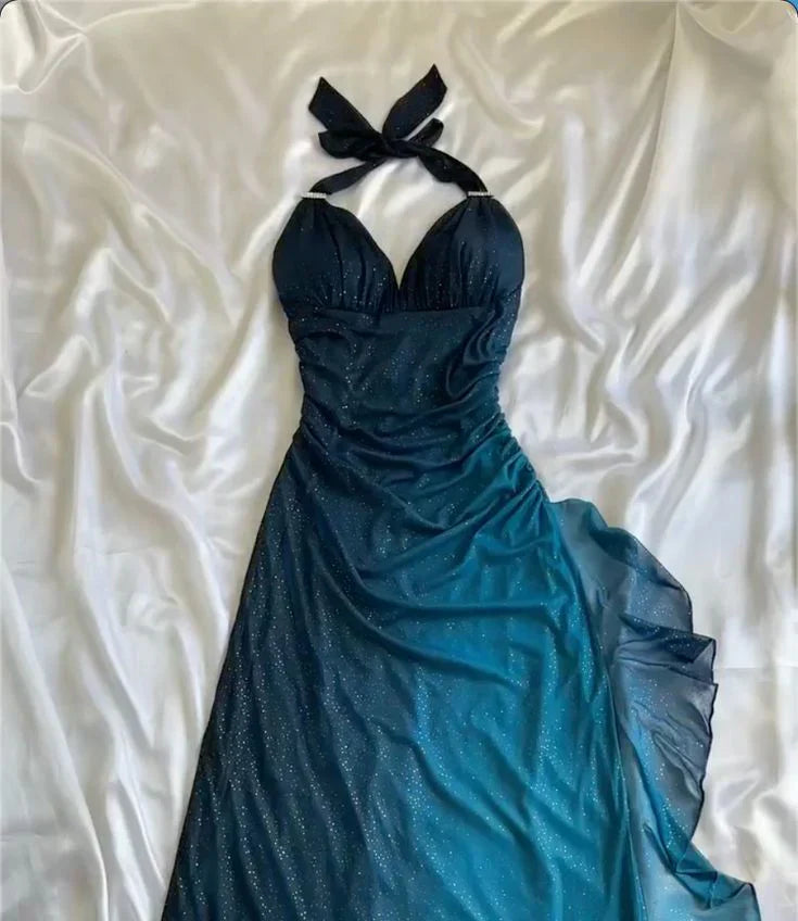 ?Chiffon Halter Sheath Prom Dress for Party&Birthday Elegant Blue Evening Gowns HZ1024