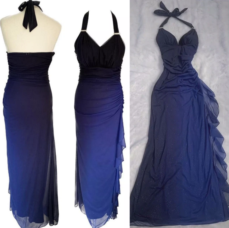 ?Chiffon Halter Sheath Prom Dress for Party&Birthday Elegant Blue Evening Gowns HZ1024