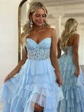 Sweetheart Neck Chiffon Lace Blue Long Prom Dress, Blue Long Graduation Dress HZ1024