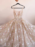 Light Champagne A-Line Tulle Sequin Applique Long Prom Dress Formal Evening Gowns HZ1024