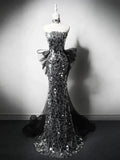 Silver Mermaid Strapless Sequin Tulle Long Prom Dress Formal Evening Dress HZ1024