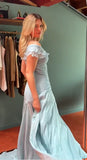 Blue A-Line Off-shoulder Long Prom Dresses Vintage Satin Chiffon Formal Evening Dresses HZ1024