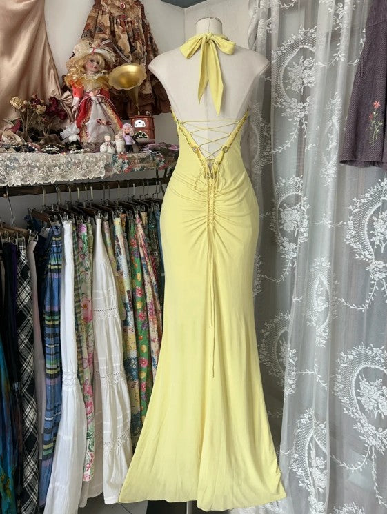 Yellow Mermaid Formal Dresses Halter Sequin Diamond Long Prom Dress Birthday Party Outfit HZ1024