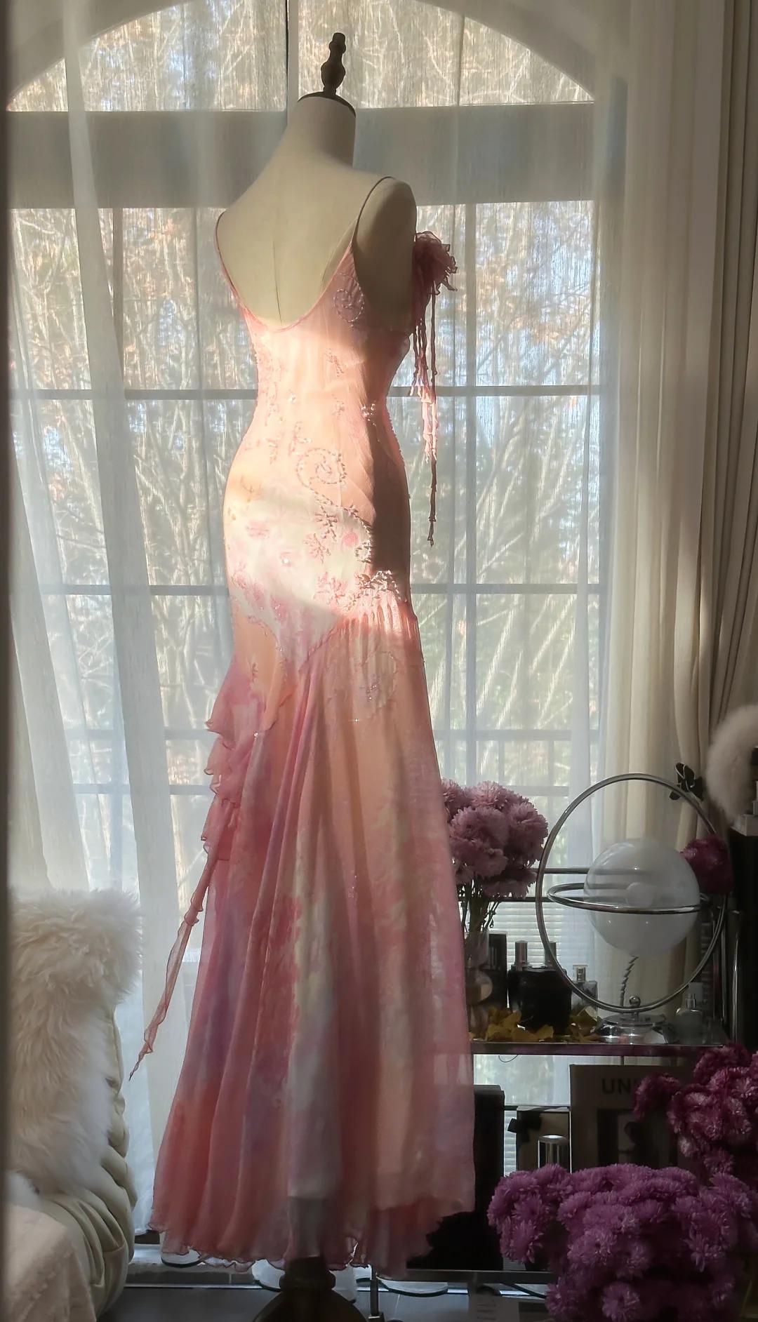 Pink Spaghetti Strap Mermaid Party Dresses Fairytale Chiffon Beaded Long Prom Dresses HZ1024
