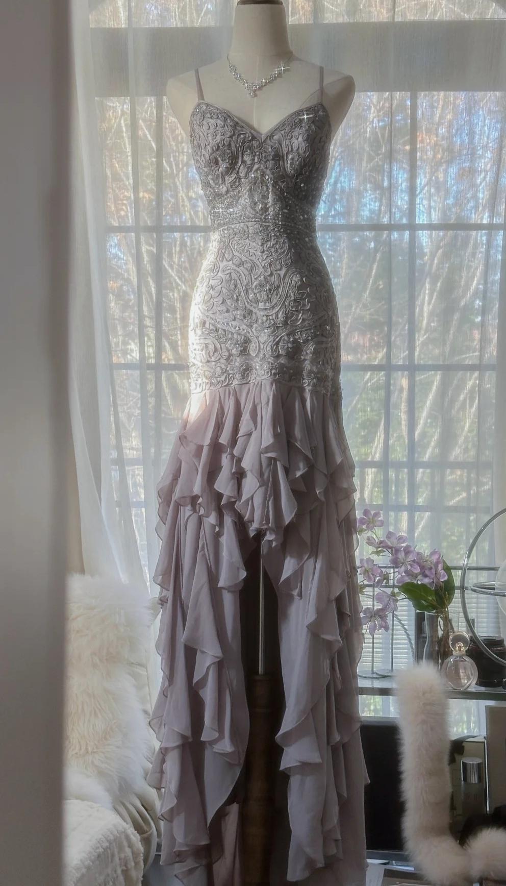 Purple Spaghetti Strap Appliques Bodycon Open Back Evening Dresses Chiffon Sequin Long Prom Dresses HZ1024