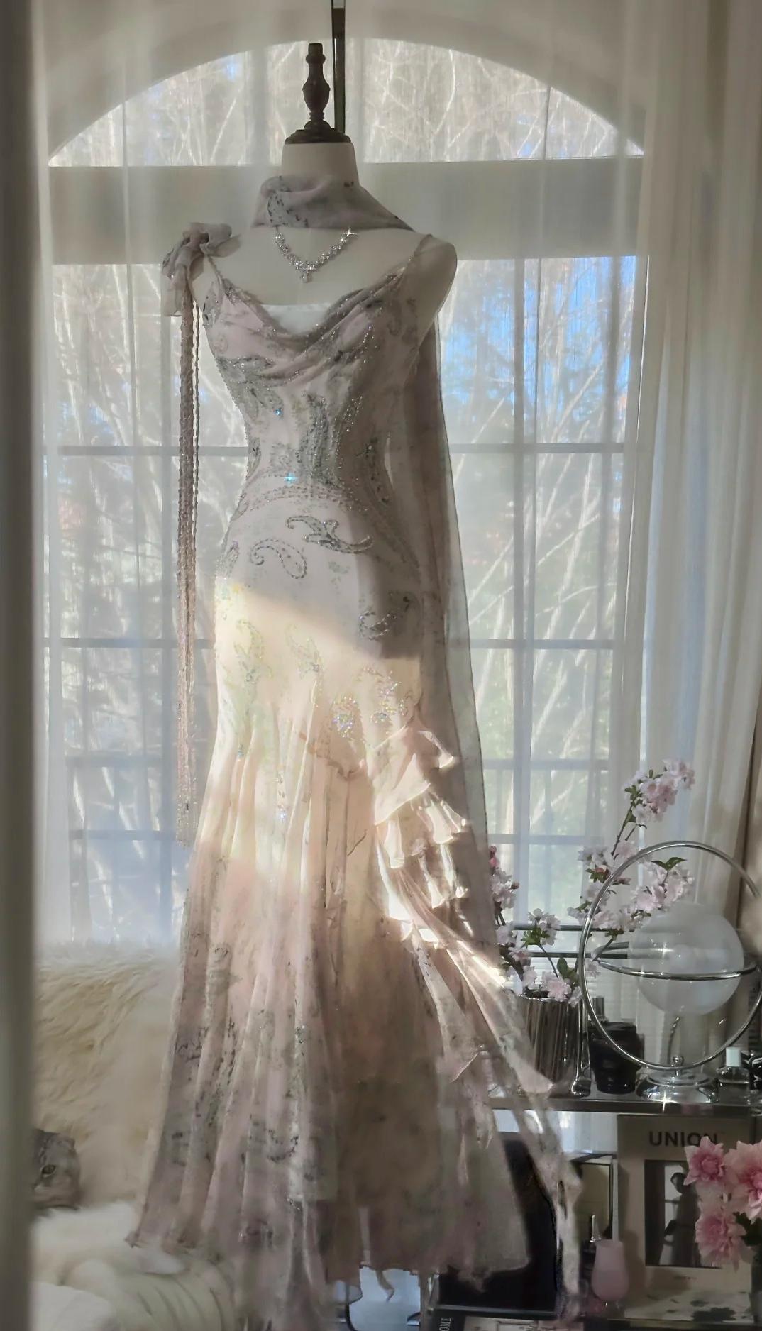 Fairytale Pink Spaghetti Straps Mermaid Evening Gowns Vintage Elegant Beaded Silk Long Prom Dress Guest Dresses HZ1024