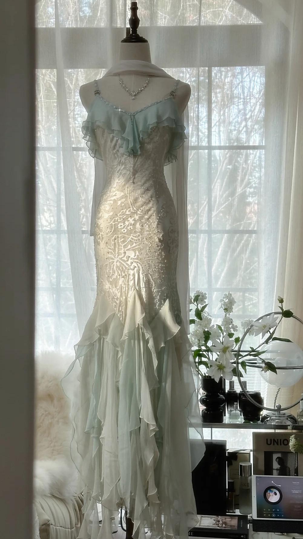 Vintage Mint Green Chiffon Mermaid Beaded Long Prom Dresses Ruffled Fairytale Birthday Dresses HZ1024