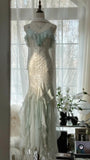 Vintage Mint Green Chiffon Mermaid Beaded Long Prom Dresses Ruffled Fairytale Birthday Dresses HZ1024