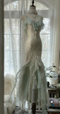 Vintage Mint Green Chiffon Mermaid Beaded Long Prom Dresses Ruffled Fairytale Birthday Dresses HZ1024