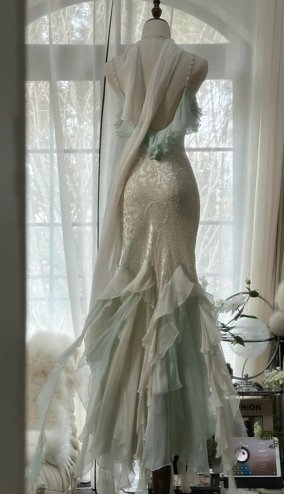 Vintage Mint Green Chiffon Mermaid Beaded Long Prom Dresses Ruffled Fairytale Birthday Dresses HZ1024