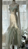 Vintage Mint Green Chiffon Mermaid Beaded Long Prom Dresses Ruffled Fairytale Birthday Dresses HZ1024