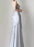 Silver Mermaid Spaghetti Straps Satin Long Prom Dress Beaded Evening Dress HZ1024
