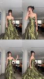 Forest Green A-Line Long Prom Dresses With Silver Beads Sweet Strapless Satin Evening Dresses HZ1024