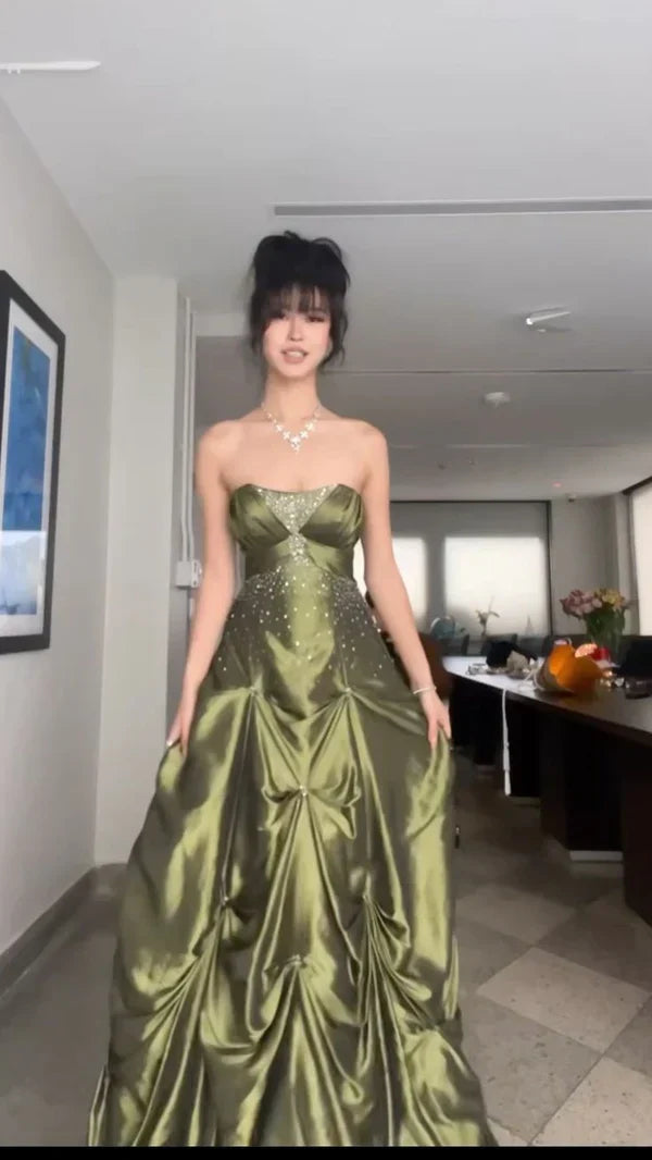 Forest Green A-Line Long Prom Dresses With Silver Beads Sweet Strapless Satin Evening Dresses HZ1024