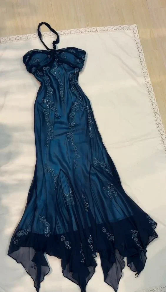 Blue Chiffon Long Prom Dresses Elegant Beaded Party Dresses HZ1024