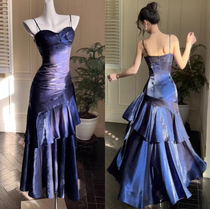 Spaghetti Straps Blue Chiffon Satin Ruffles Long Prom Dresses Fairytale Evening Dresses HZ1024