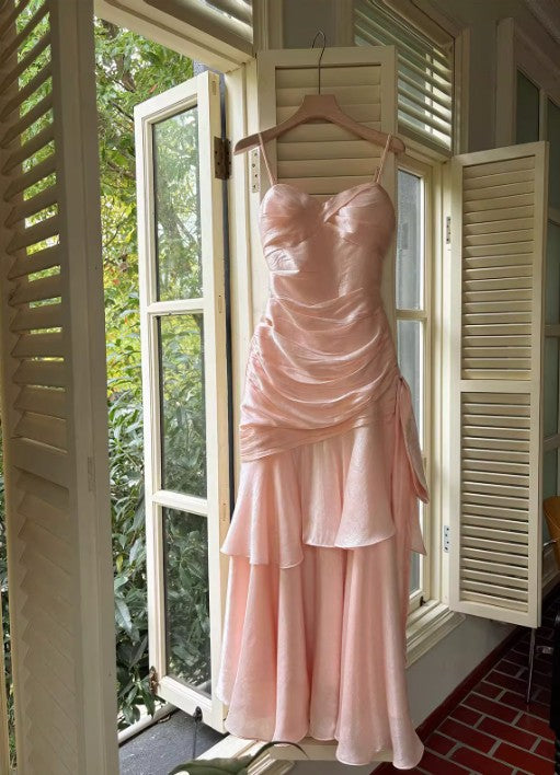 Spaghetti Straps Blue Chiffon Satin Ruffles Long Prom Dresses Fairytale Evening Dresses HZ1024