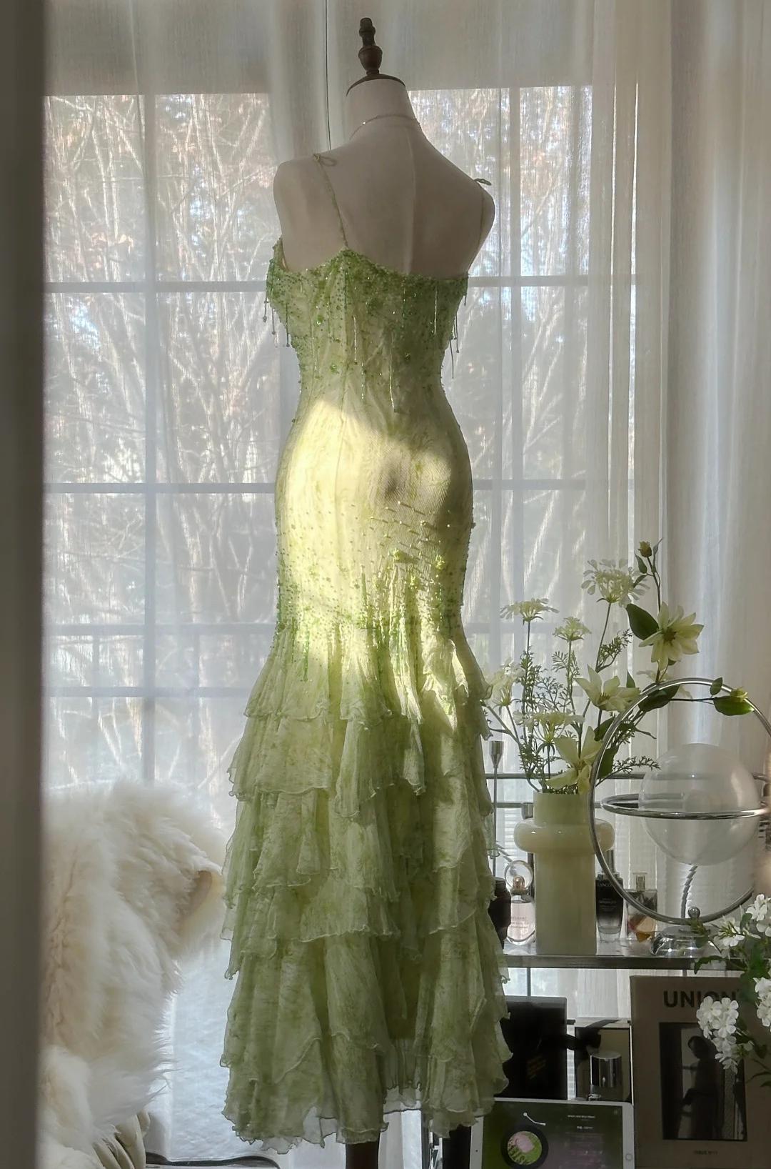 Green Mermaid Vintage Party Dresses Sweetheart Chiffon Beaded Layed Prom Dresses HZ1024