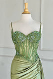Green Spaghetti Straps Sequins Mermaid Appliqued Prom Dress With Split HZ1024