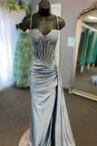 Green Spaghetti Straps Sequins Mermaid Appliqued Prom Dress With Split HZ1024