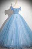 Blue A-Line Off Shoulder Tulle Sequins Long Prom Dress Evening Dress HZ1024