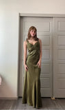Green Mermaid Spaghetti Straps Satin Beaded Long Prom Dress Evening Dress HZ1024