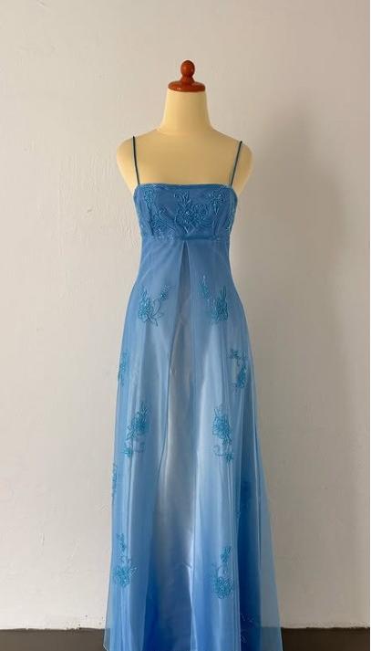 Vintage Prom Dress Under $170??Gorgeous Spaghetti Straps Beading Applique Gradient Blue Sleeveless Long Evening Dress HZ1024
